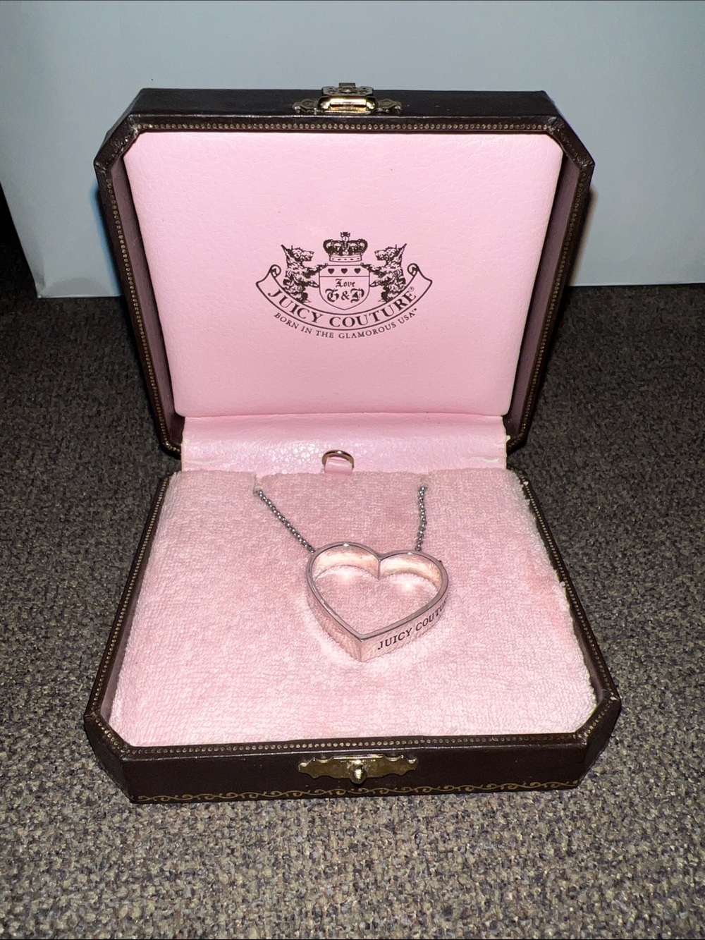 Juicy Couture Silver Heart Necklace with Pink Lining